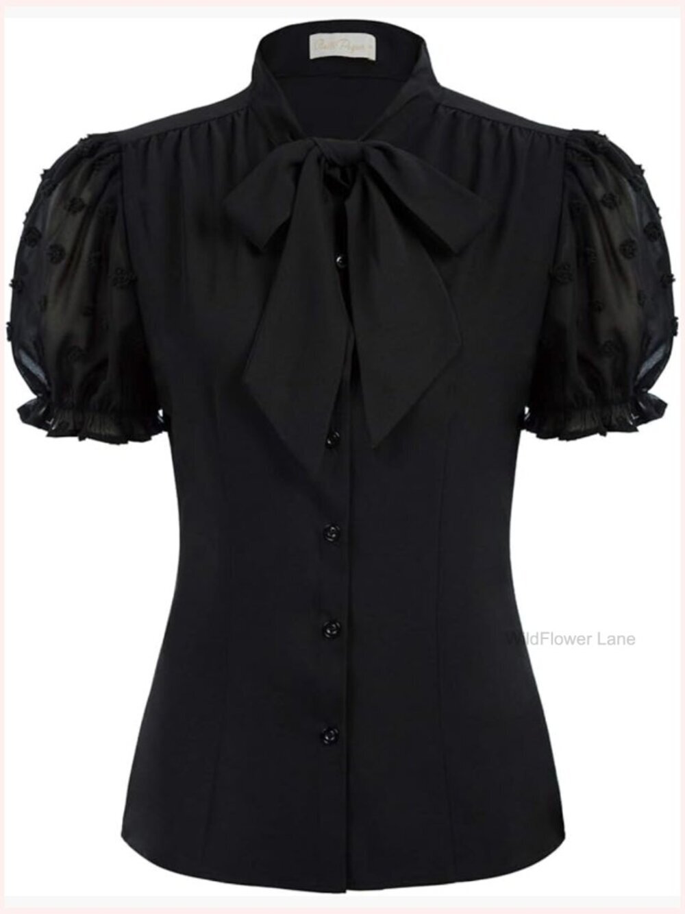 Short Sleeve Button Down Blouse with Bow Tie - Vintage Business Casual